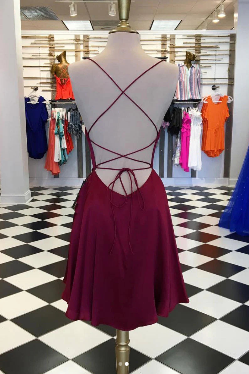 Burgundy satin short prom dress  burgundy short homecoming dress