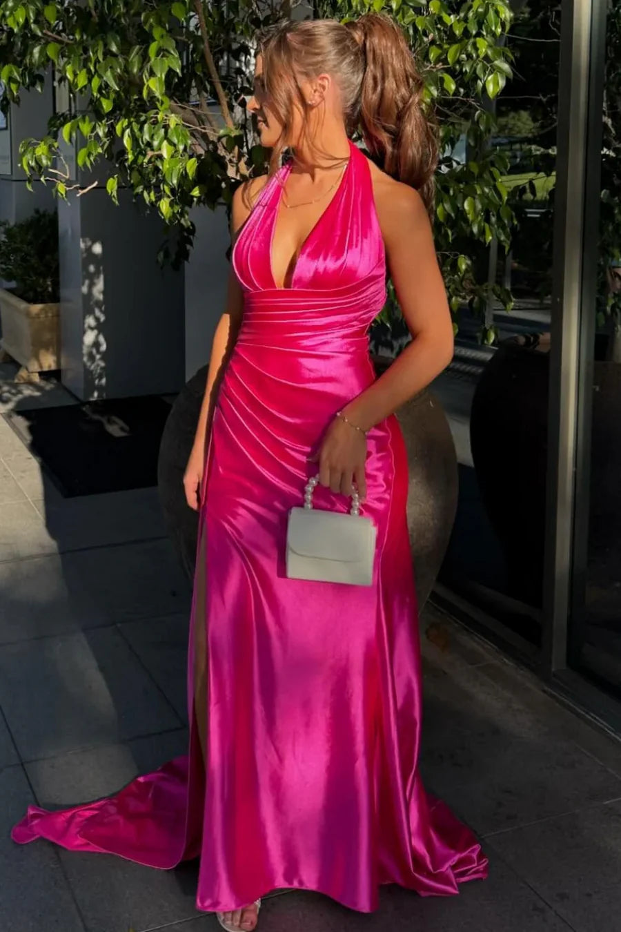 Burgundy Halter V-Neck Pleated Satin Formal Prom Dress with Slit