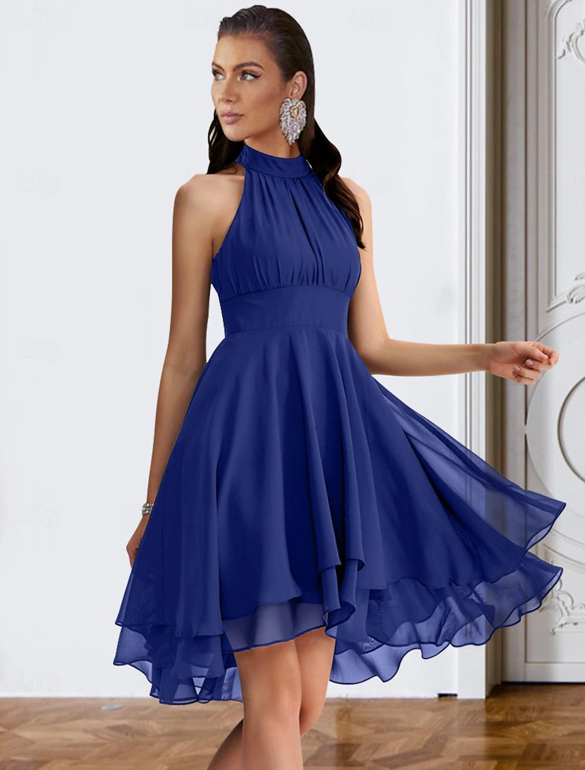A-Line Cocktail Dresses Party Dress Wedding Guest Engagement Knee Length Sleeveless Halter Neck Chiffon V Back with Sleek Tiered dress to impress