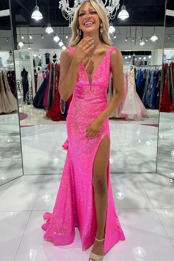 Charming Mermaid V Neck Pink Sequins Slit Long Prom Dress