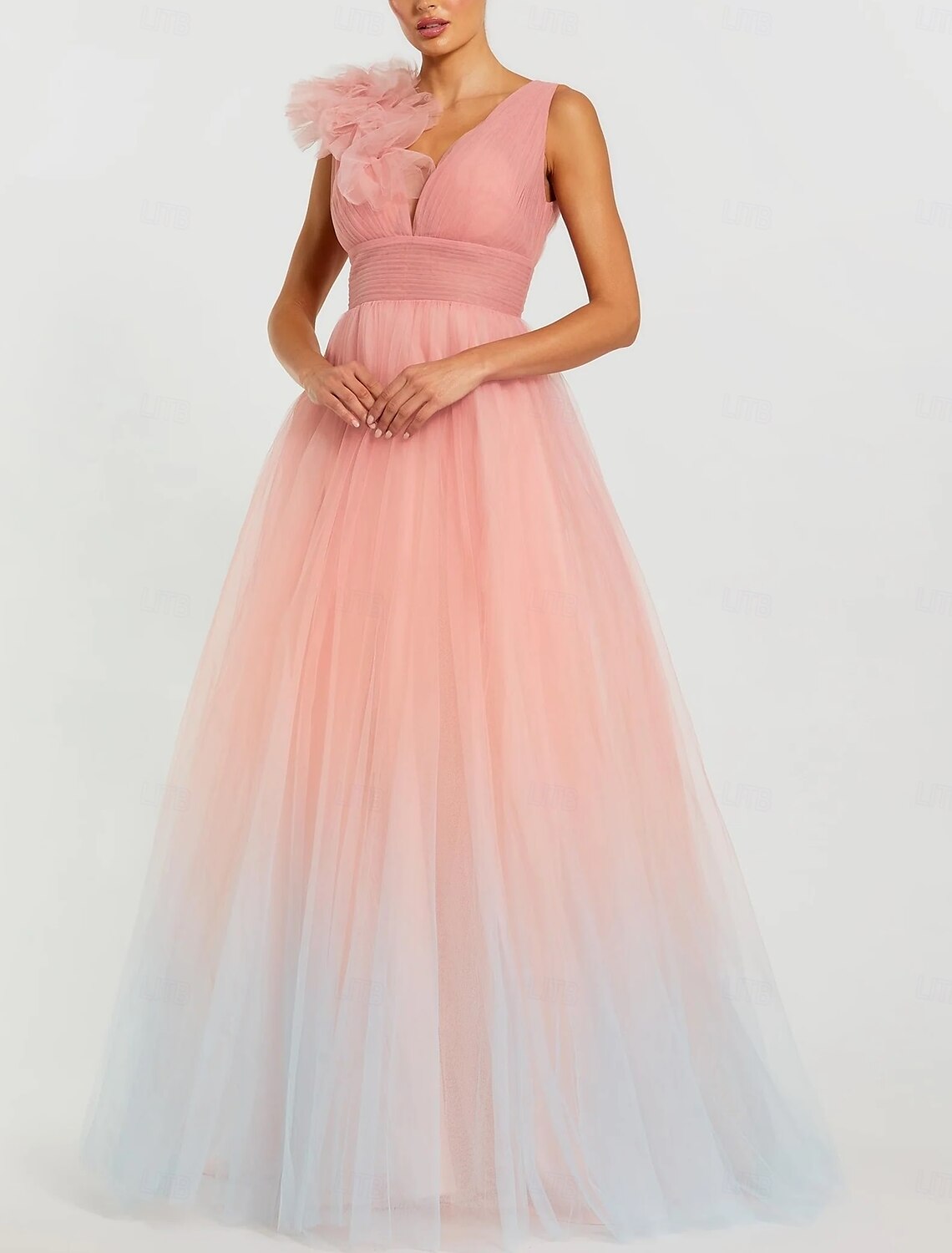 Pink Ball Gown A-Line Prom Dresses Elegant Dress Formal Wedding Floor Length Sleeveless V Neck Tulle with Shouder Flower