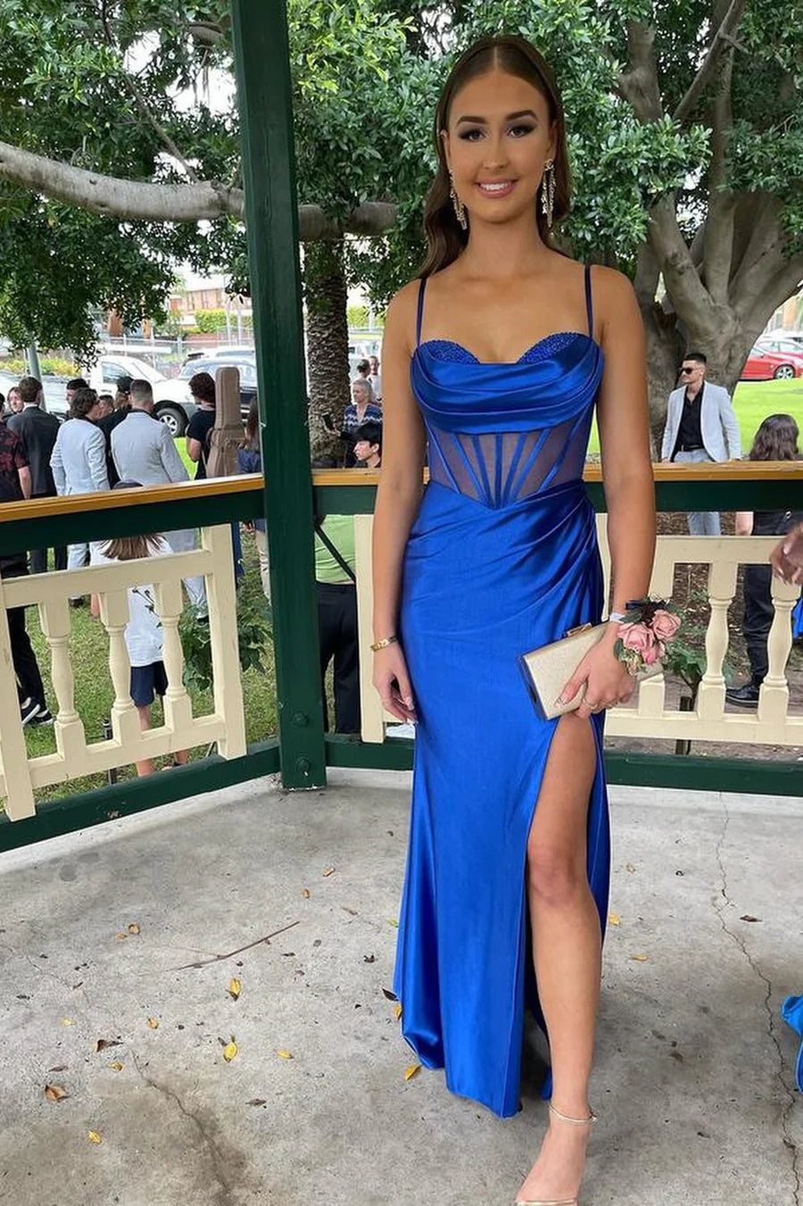 Royal Blue Cowl Neck Sheer Bodice Long Formal Dress with Slit
