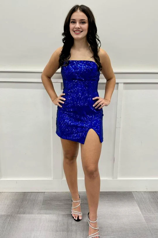 DingJiDress Homecoming Dress Royal Blue Strapless Tight Slit Short Graduation Dresses