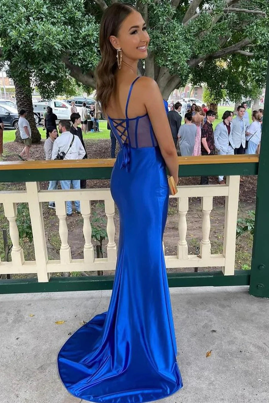 Royal Blue Cowl Neck Sheer Bodice Long Formal Dress with Slit