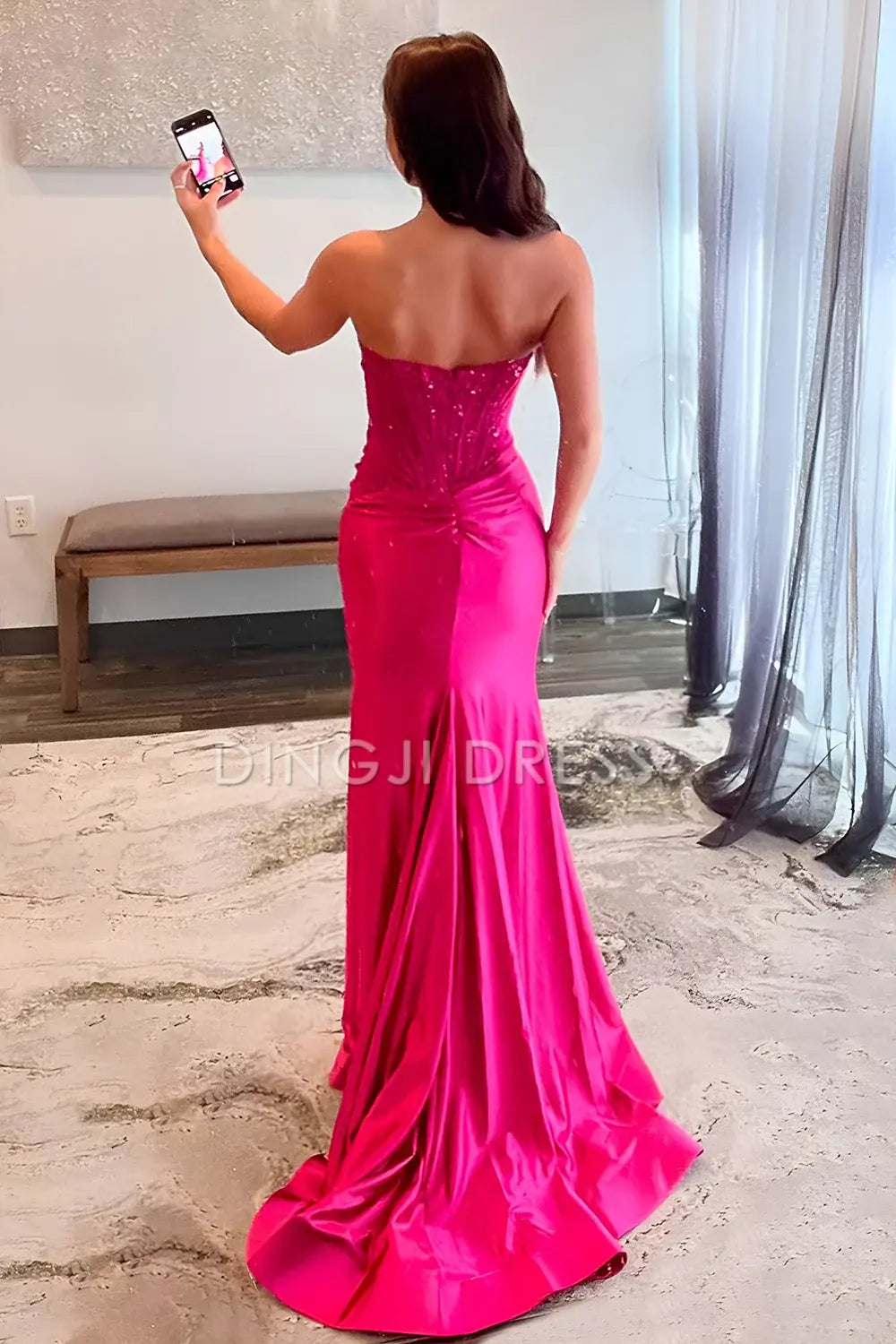 DingJiDress Charming Mermaid Strapless Lace Top Satin with Leg Slit Fashion Prom Dress