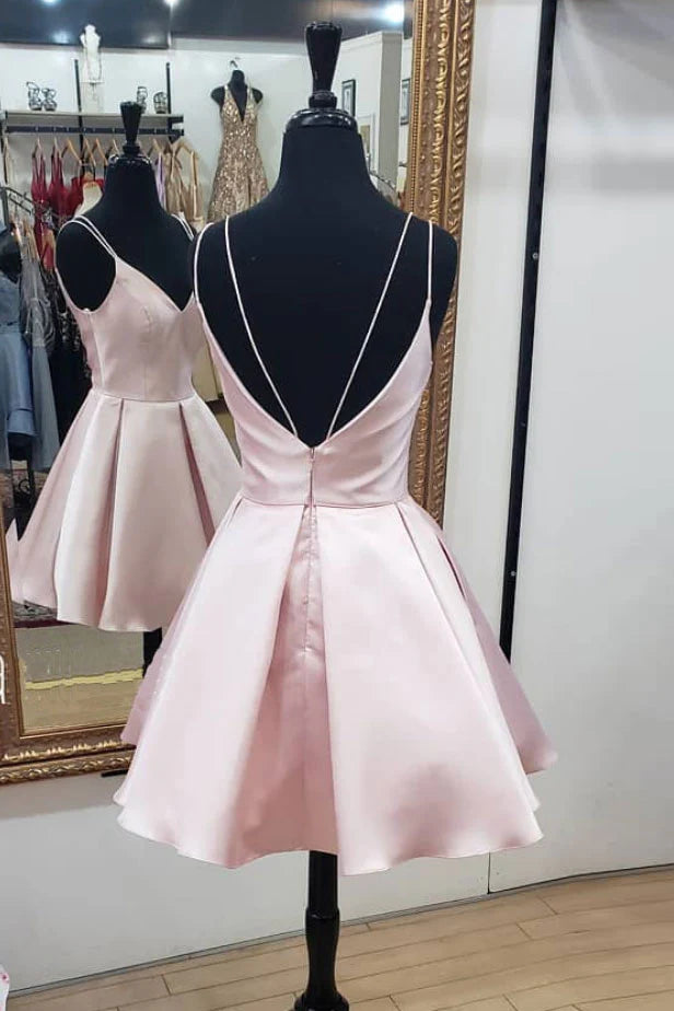 Pink v neck short prom dress pink homecoming dress