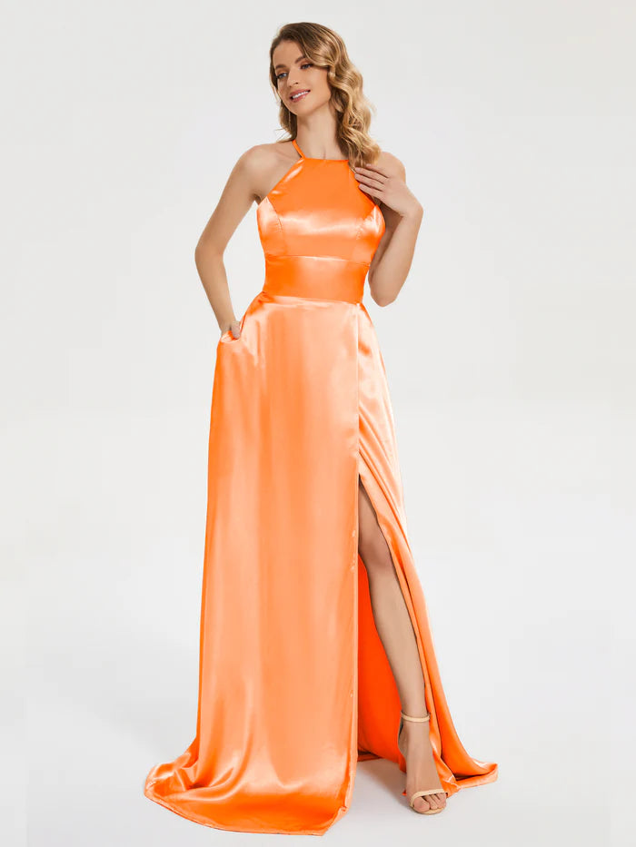Spaghetti Straps Soft Satin Prom Dress with Training