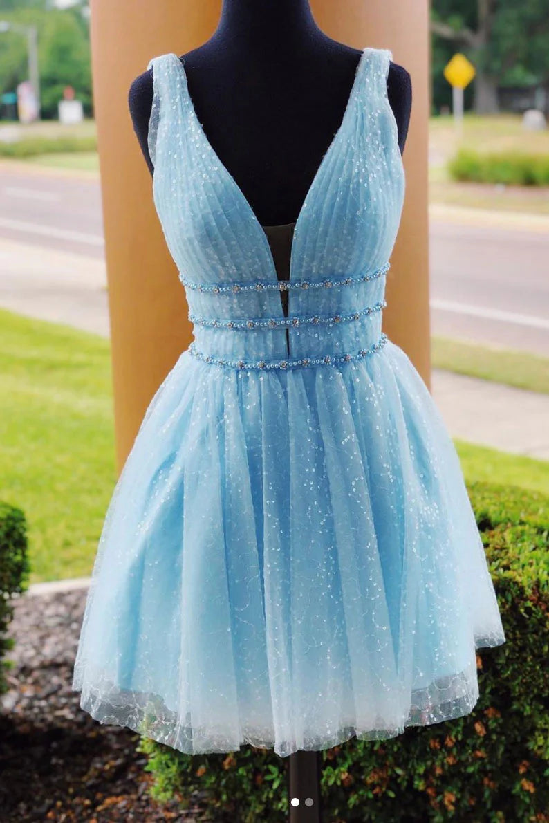 Blue v neck tulle short prom dress  blue tulle homecoming dress