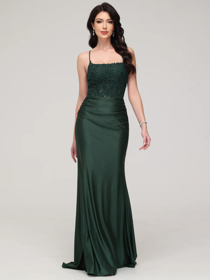 Dark Green Spaghetti Straps Mermaid Backless Prom Dress