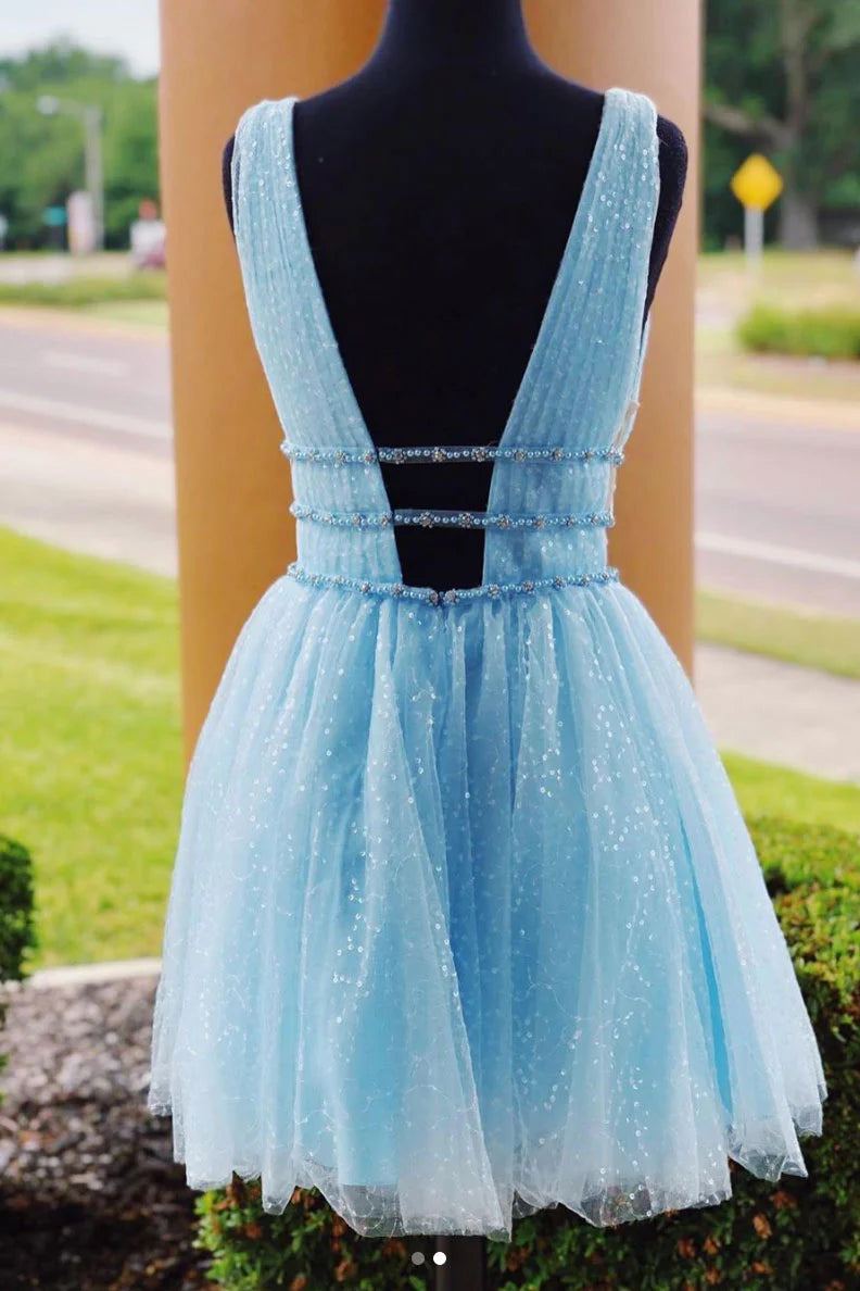 Blue v neck tulle short prom dress  blue tulle homecoming dress