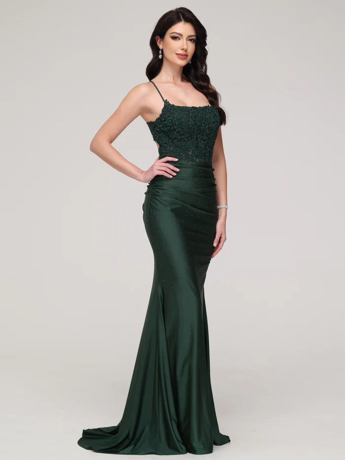 Dark Green Spaghetti Straps Mermaid Backless Prom Dress