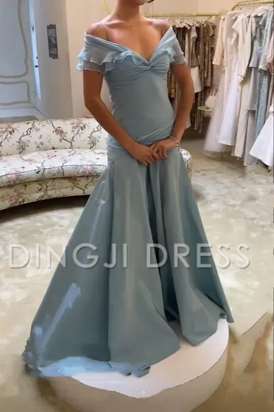 DingJiDress Retro A Line Off the Shoulder Pleated Long with Ruffles Elegant Prom Dress