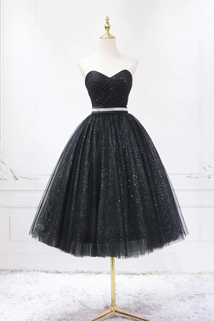 Black Strapless Shiny Tulle Tea Length Prom Dress  Black A-Line Homecoming Dress