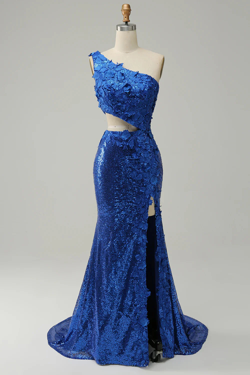 DingJiDress Mermaid One Shoulder Royal Blue Sequins Cut Out Prom Dress with Split Front