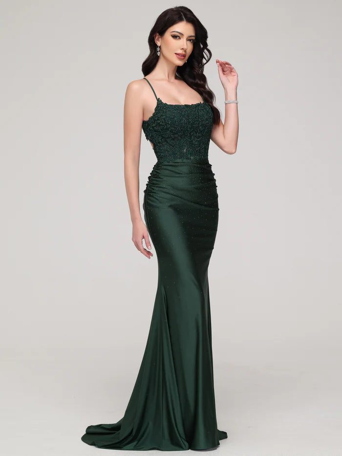 Dark Green Spaghetti Straps Mermaid Backless Prom Dress