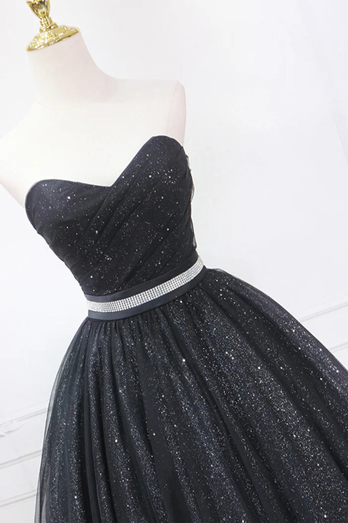 Black Strapless Shiny Tulle Tea Length Prom Dress  Black A-Line Homecoming Dress