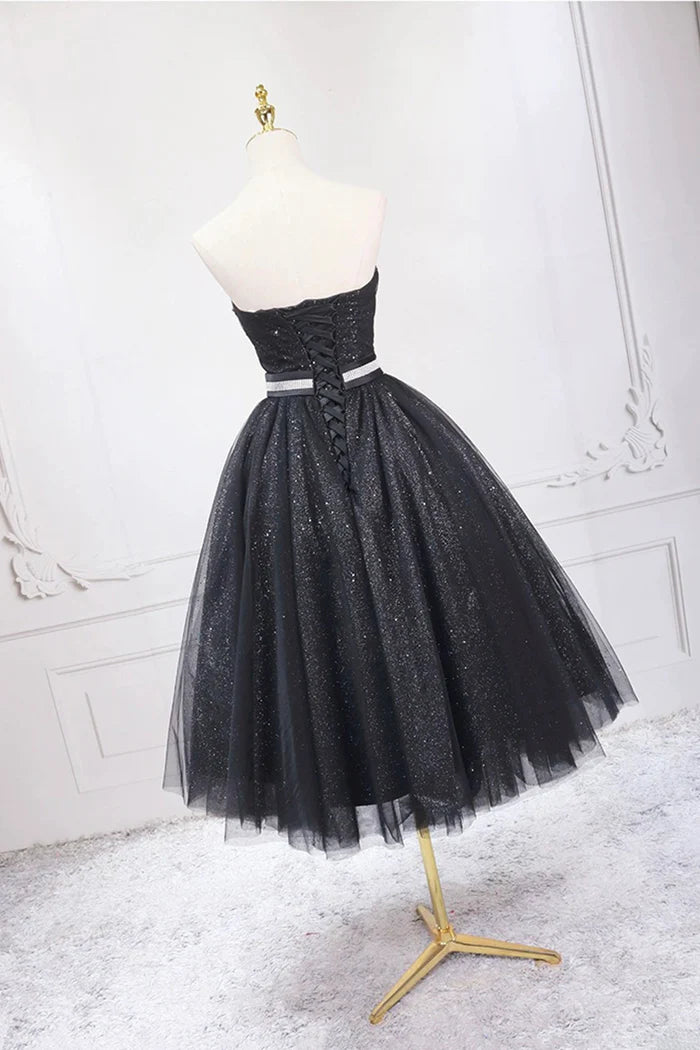 Black Strapless Shiny Tulle Tea Length Prom Dress  Black A-Line Homecoming Dress