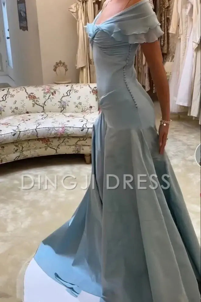 DingJiDress Retro A Line Off the Shoulder Pleated Long with Ruffles Elegant Prom Dress