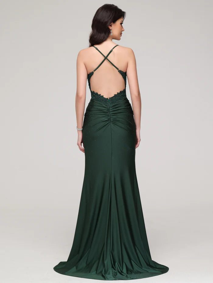 Dark Green Spaghetti Straps Mermaid Backless Prom Dress
