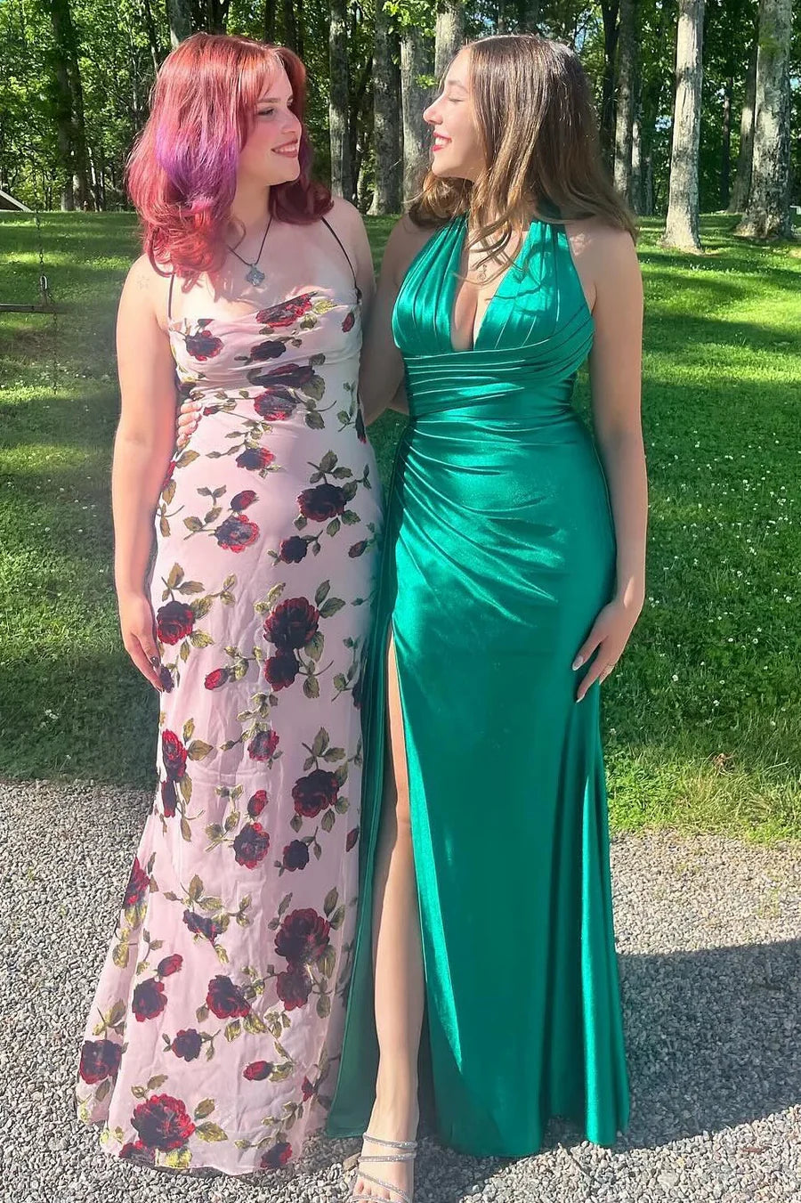 Burgundy Halter V-Neck Pleated Satin Formal Prom Dress with Slit