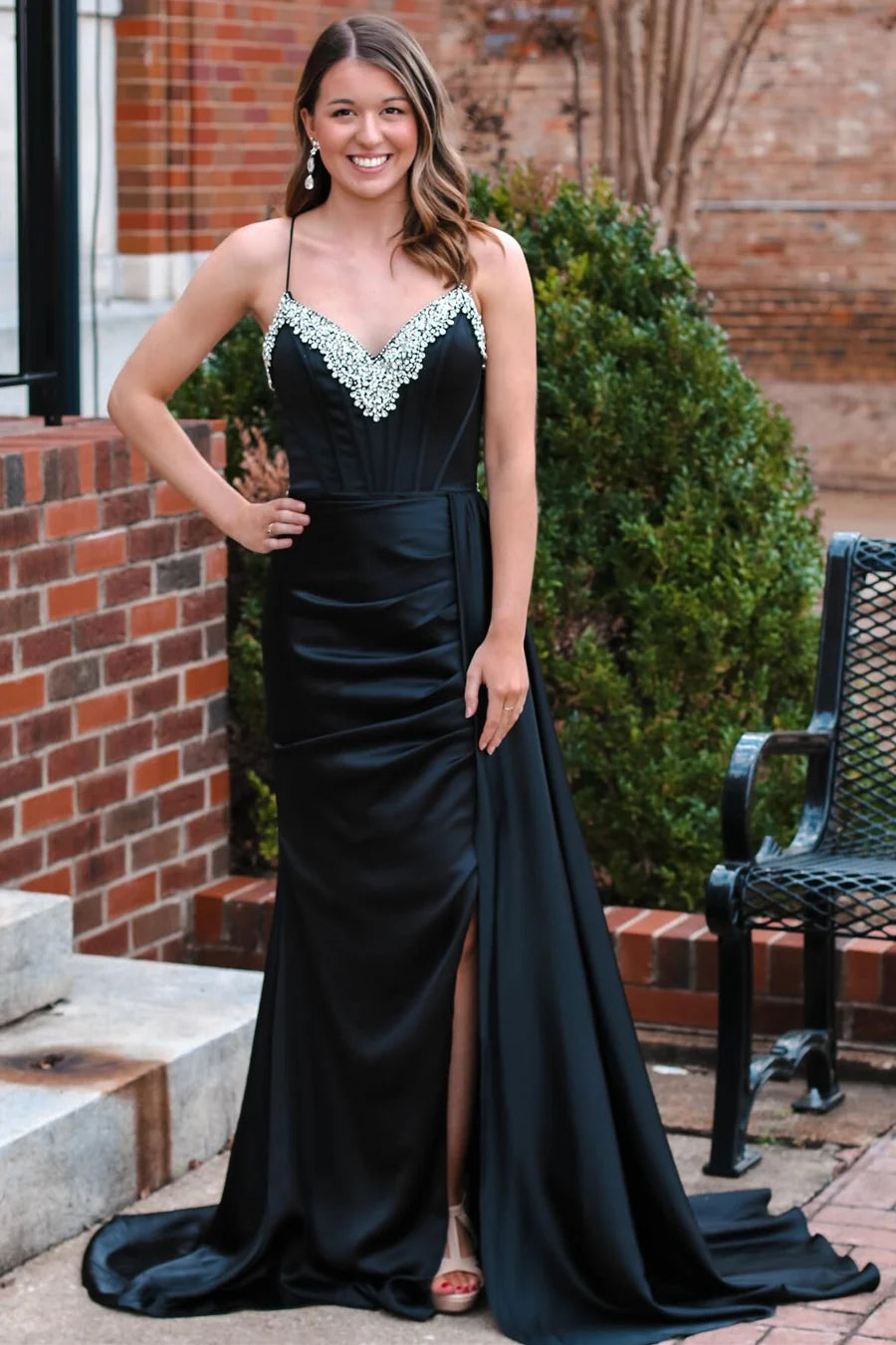 Black Rhinestone V-Neck Long Formal Dress with Attached Train