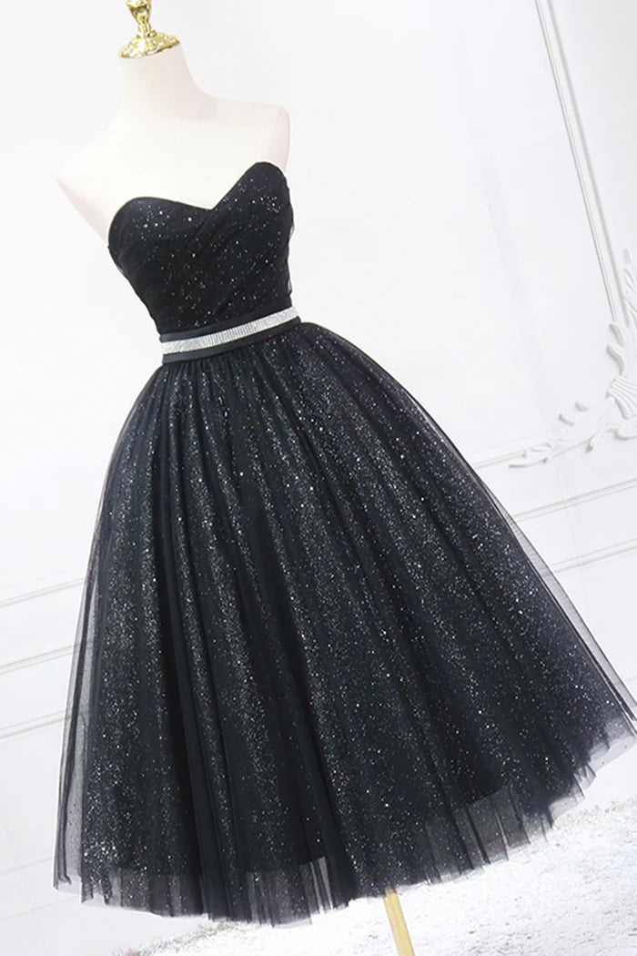 Black Strapless Shiny Tulle Tea Length Prom Dress  Black A-Line Homecoming Dress