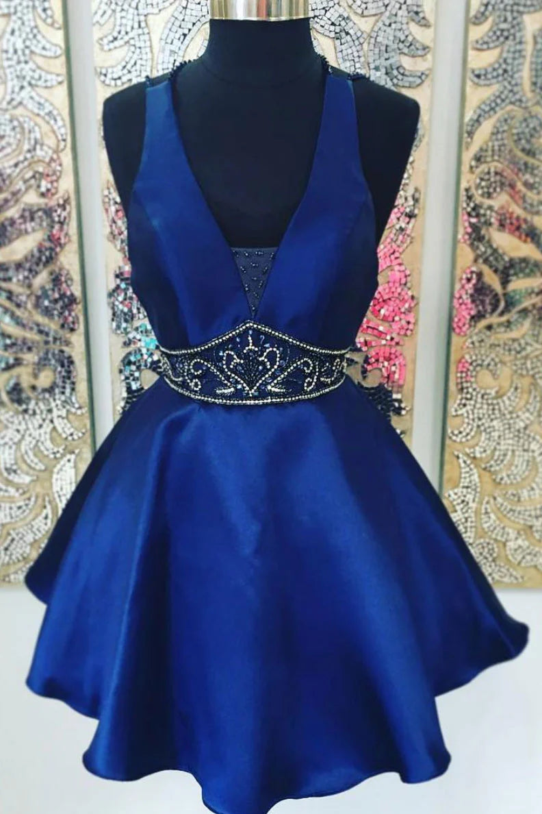 Blue v neck satin short prom dress blue homecoming dress