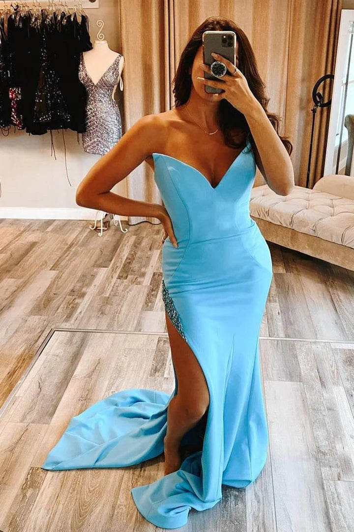 Sexy Mermaid Blue Long Formal Dress with Slit ﻿