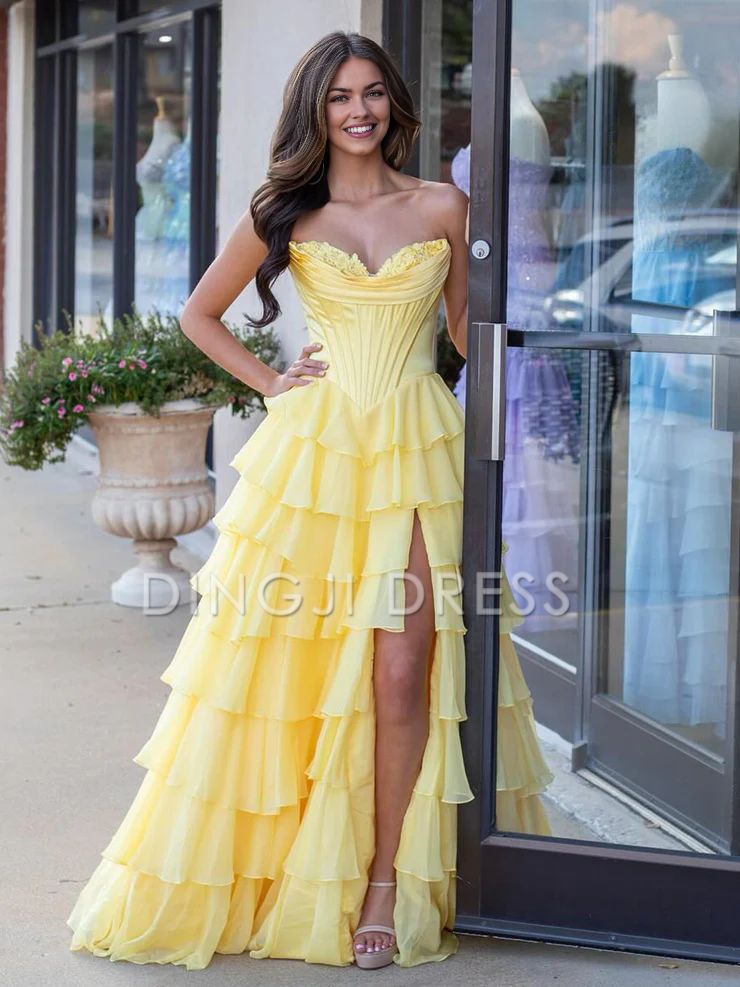 DingJiDress Cute Sweetheart A-Line Ruffle Chiffon Tiered Long With Split Exquisite Prom Dress