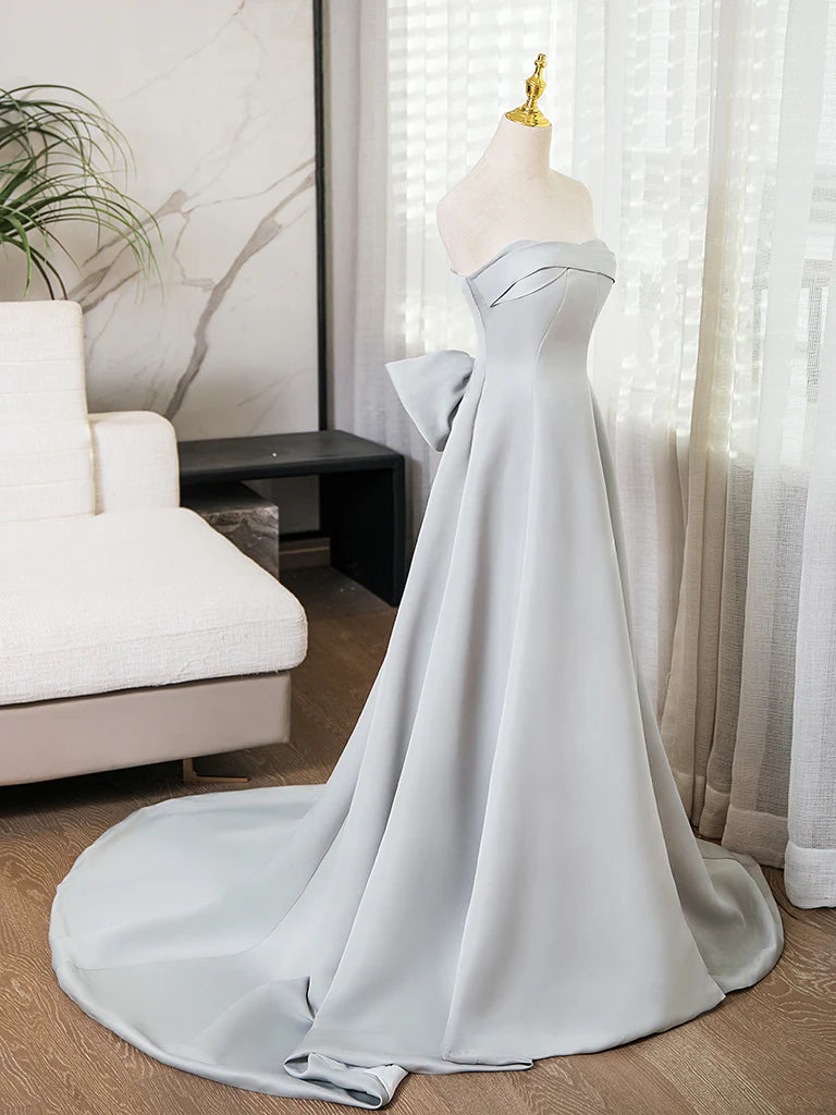 A-Line Sweetheart Neck Satin Gray Long Prom Dress Gray Long Formal Dress