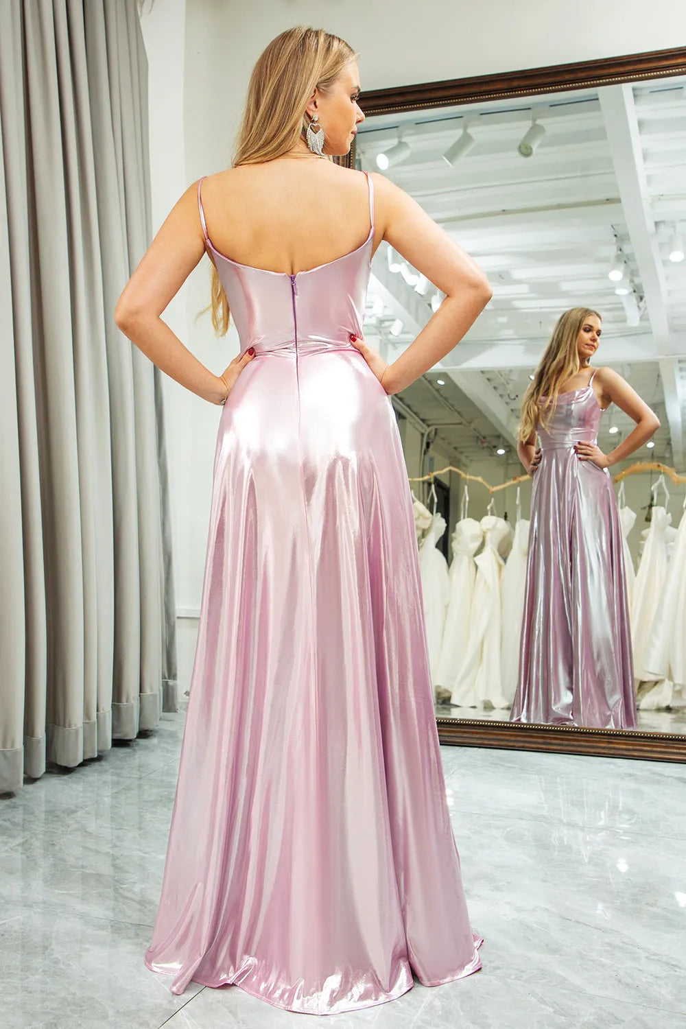Pink long slit A-line zipper party dress