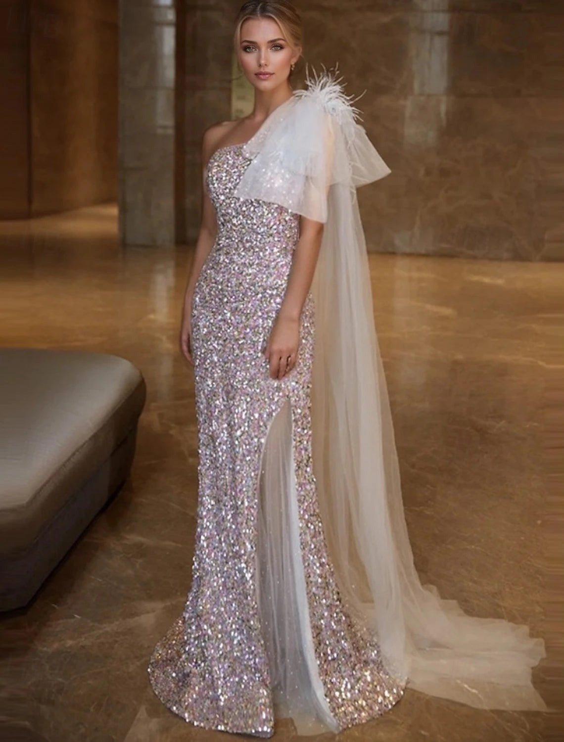 Mermaid / Trumpet Prom Dresses Elegant Dress Formal Wedding Sweep / Brush Train Sleeveless One Shoulder Tulle with Feather Glitte