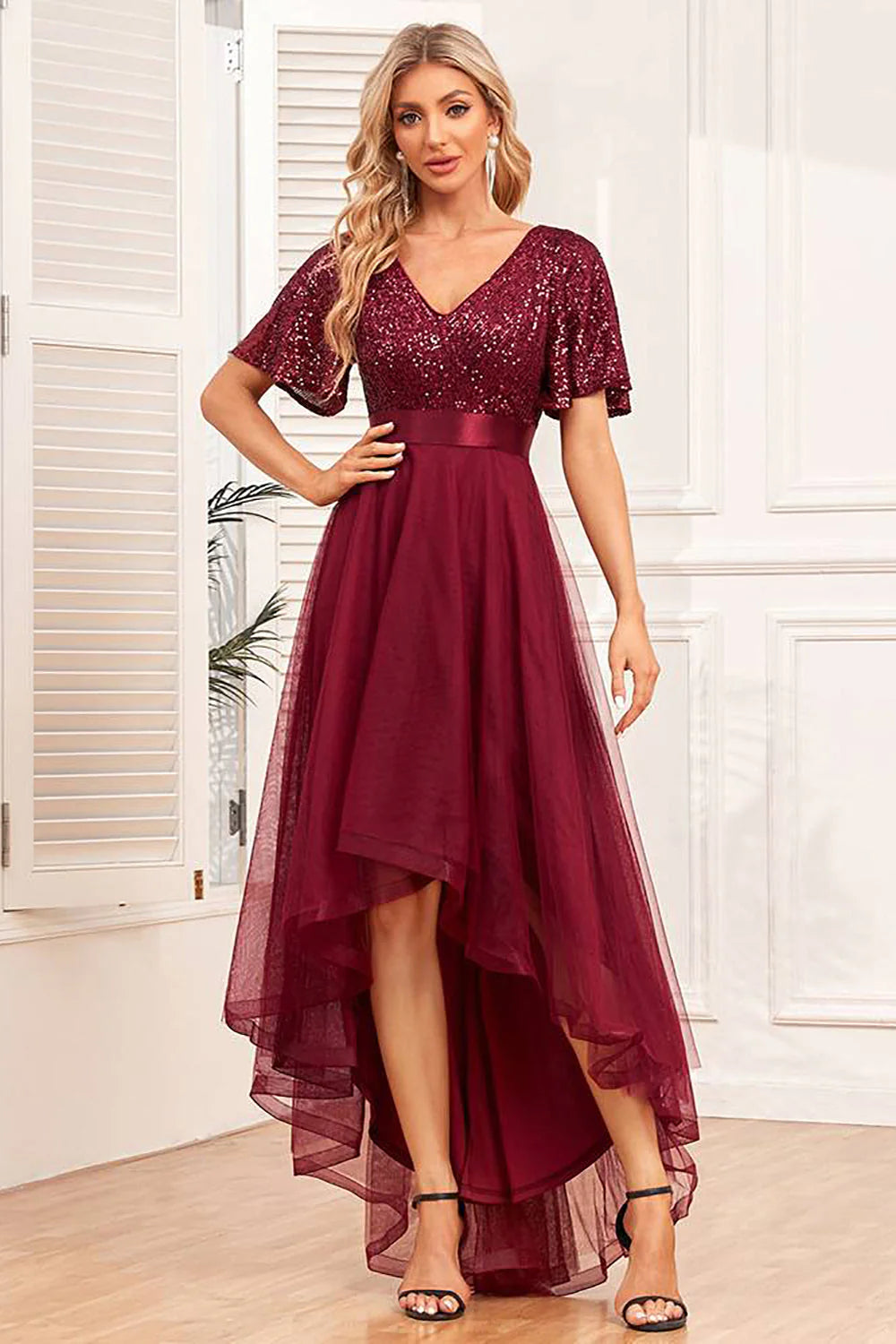 Red sequin V-neck chiffon irregular ball dress