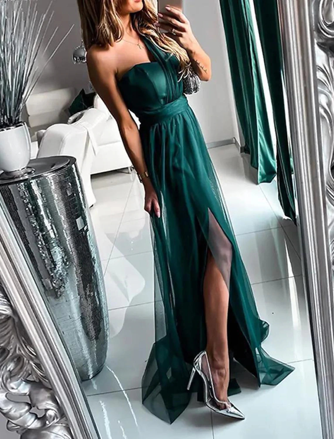 A-Line Wedding Guest Chrismas Dress Sexy Dress Wedding Guest Prom Sweep / Brush Train Sleeveless One Shoulder with Pleats Slit dress to impress