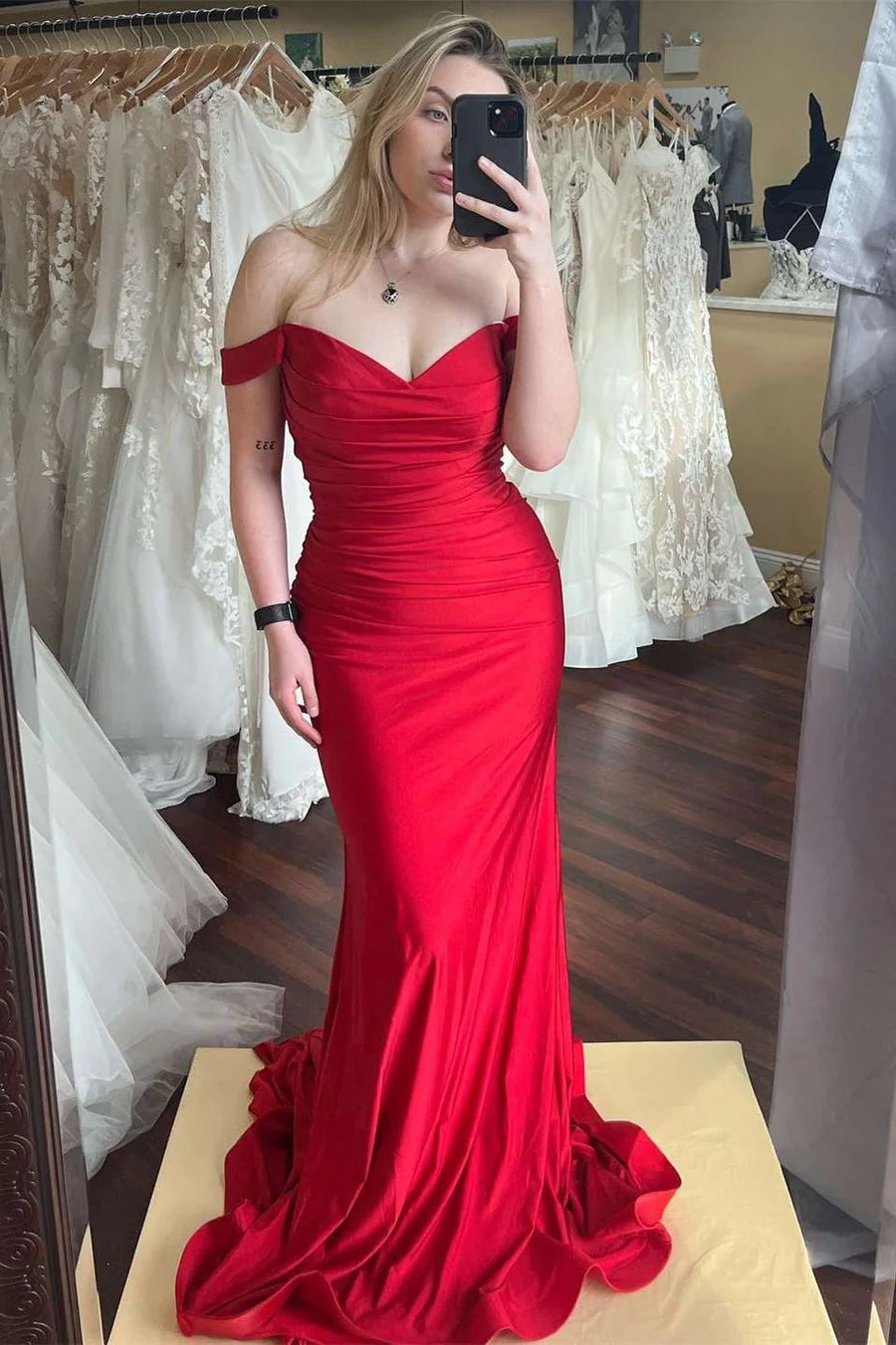 Red Satin Off-the-Shoulder Mermaid Maxi Dress ﻿