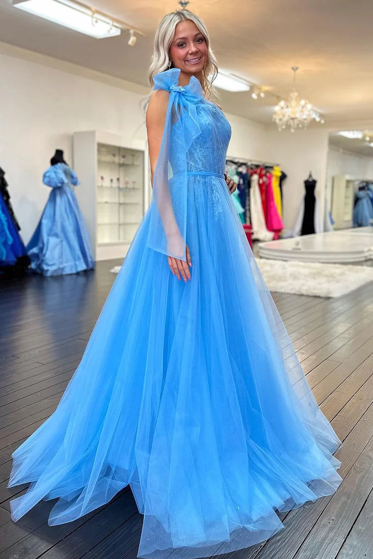 Cute A Line One Shoulder Blue Tulle Prom Dress with Appliques