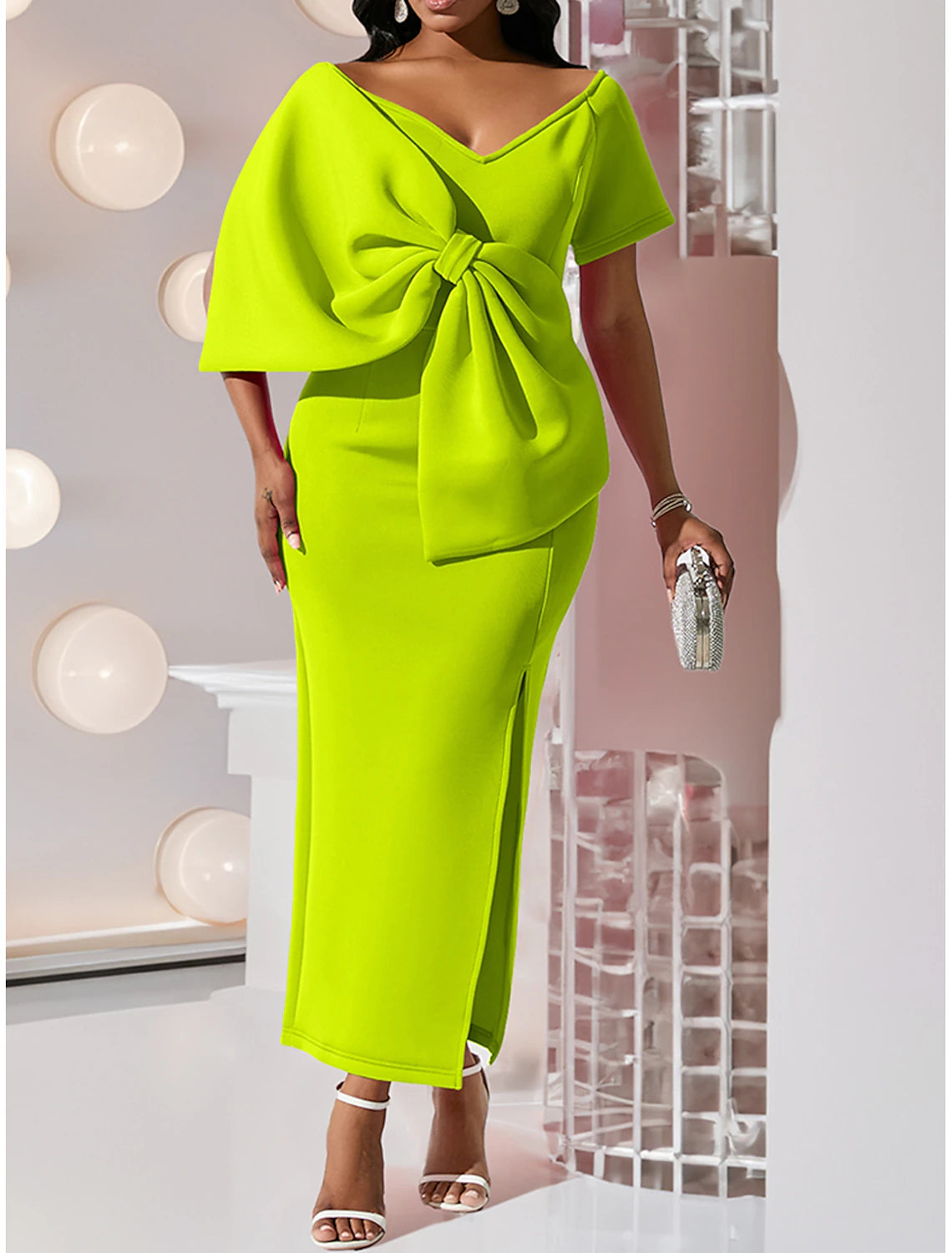 Women's White Dress Prom Dress Party Dress Ruched Split V Neck Short Sleeve Midi Dress Special Occasion Vacation White Pink Fall Winter