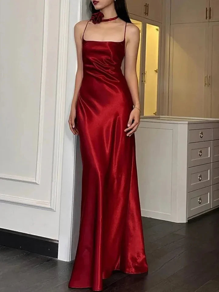 Wine Red Straps Simple Style Long Party Dress Wine Red Evening Dress