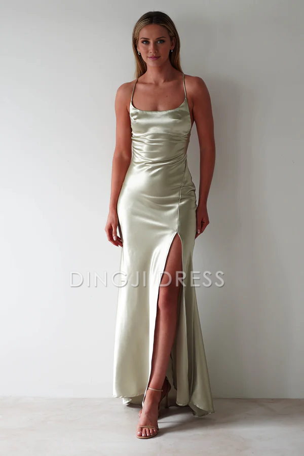 DingJiDress Figure Slimming Slip Dress Straight Neckline Low Back Adjustable Tie Straps Elegant Simple Prom Dress