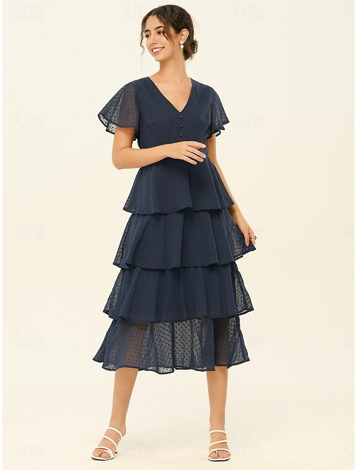 Women's Elegant Dress Party Dress Ruffle V Neck short Sleeve Midi Dress Vacation Navy Blue Spring