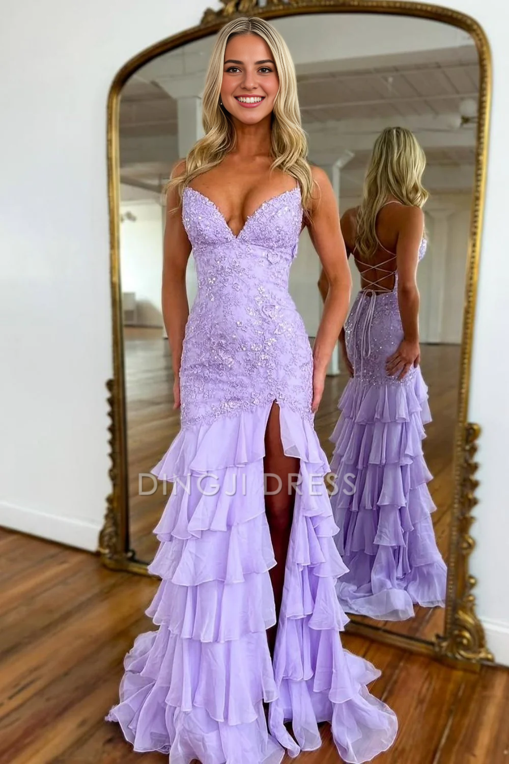 DingJiDress Stunning Mermaid Spaghetti Straps Lace Backless with Ruffle Side Fork Fashion Prom Dress