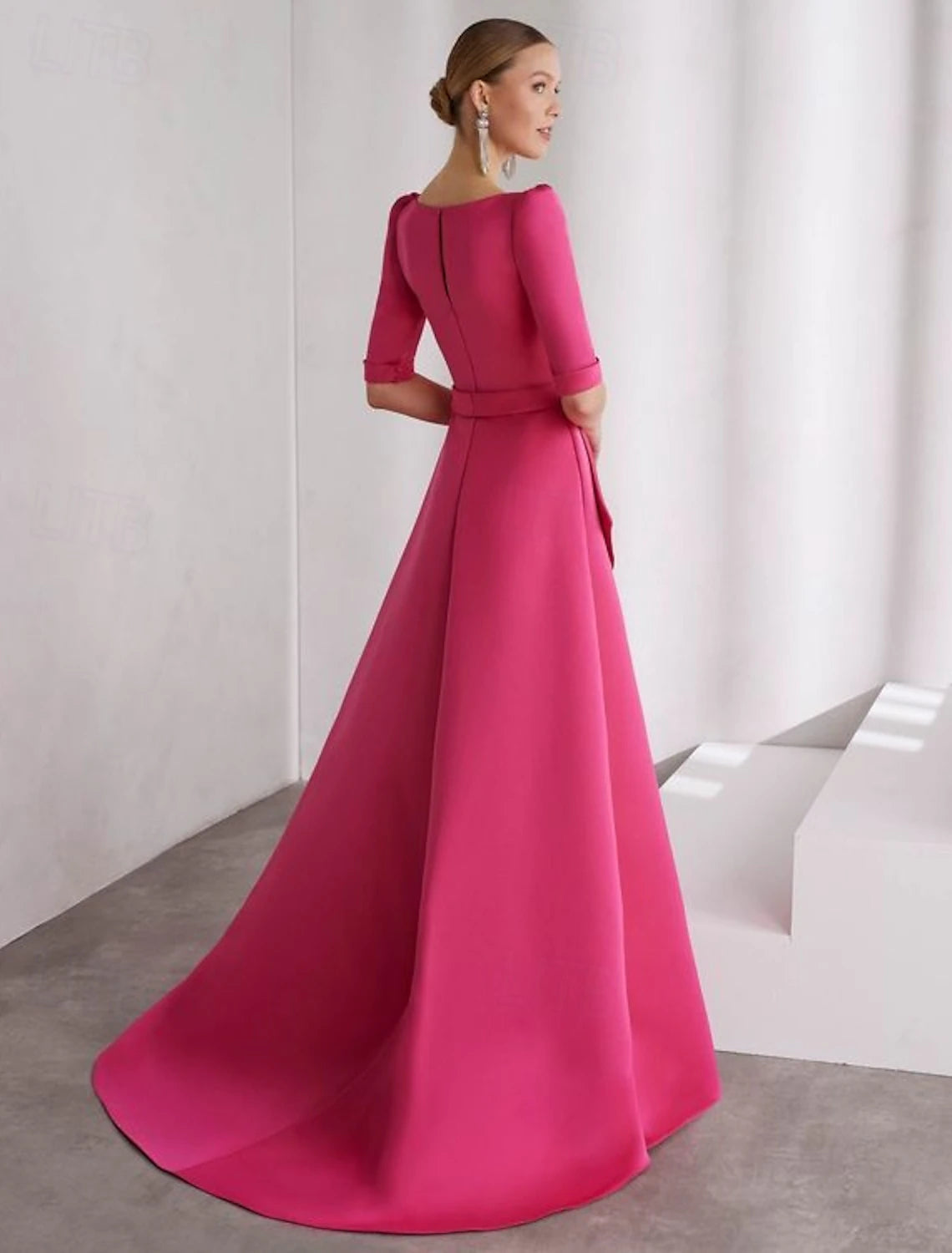 A-Line Evening Gown Elegant Dress Beach Wedding Formal Floor Length Half Sleeve V Neck Pink Dress Satin with Ruffles