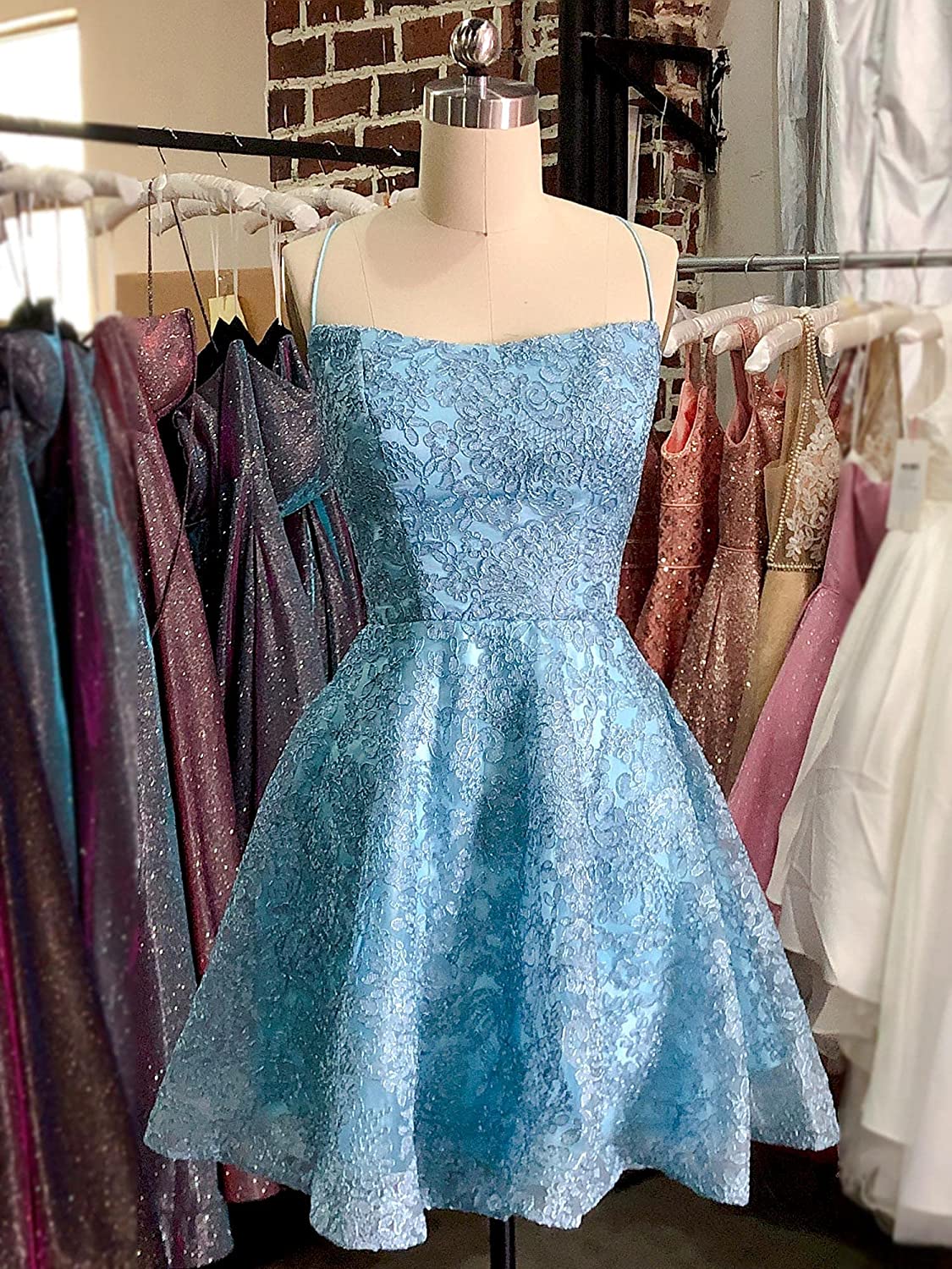 Blue sleeveless lace slim shoulder mini back to school dress party dress