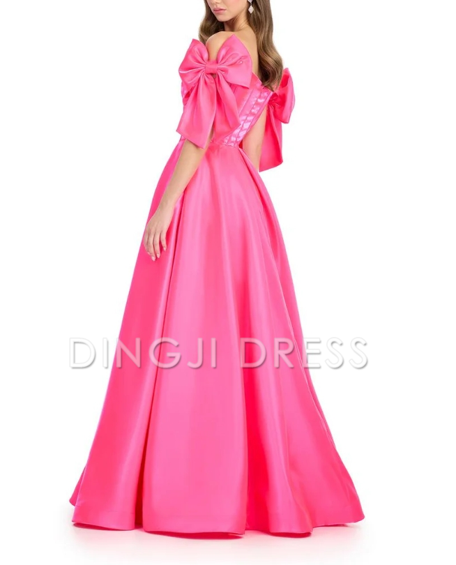 DingJiDress Elegant A Line Sweetheart Off the Shoulder Satin with Cute Bow Prom Dress