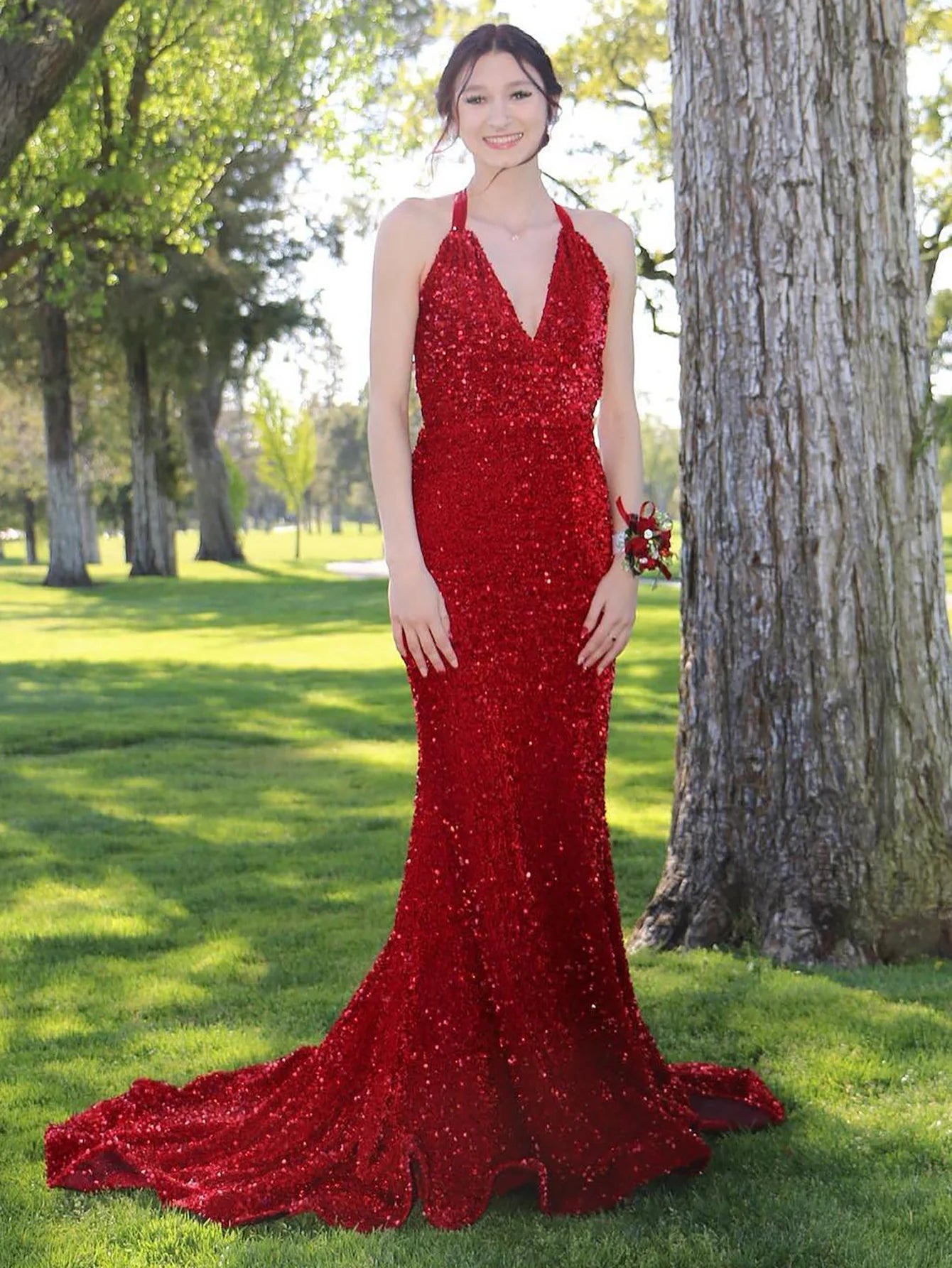 Sequin Red Mermaid Halter Open Back Prom Dress