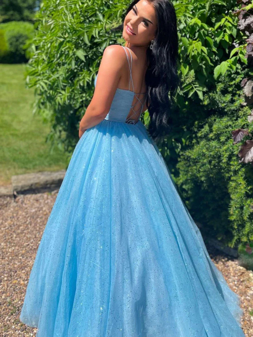 Simple v neck blue tulle sequin long prom dress blue evening dress