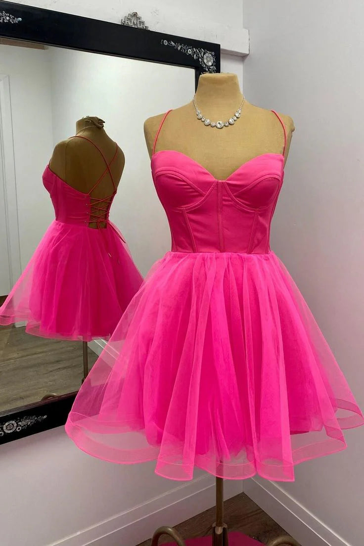 Hot pink tight corset A-line short princess dress, back to school party dress