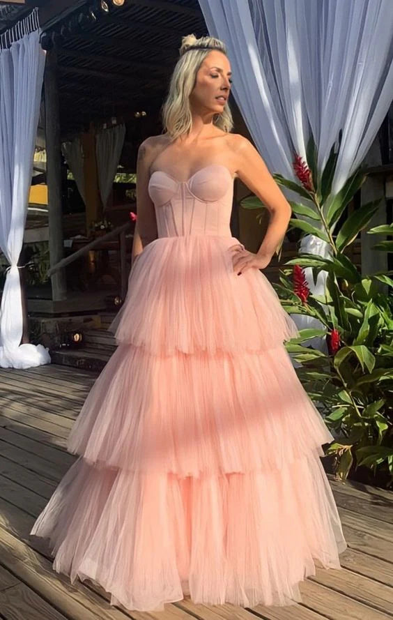 Pink chiffon strapless long layered ballroom dress