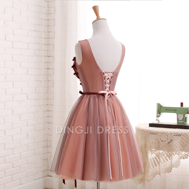 DingJiDress Short Prom Dress A Line V Neck Sleeveless Tulle Flowers Fashion Best Selling Homecoming Dress