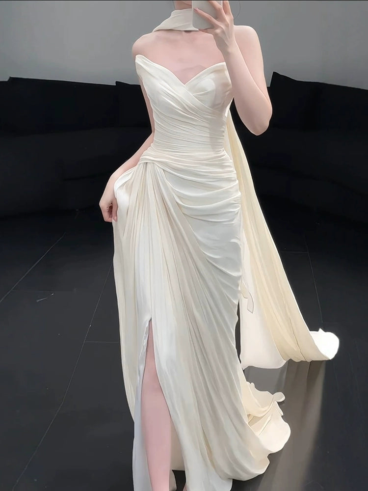 Strapless Pleat Long Wedding Dress Evening Party Dresses